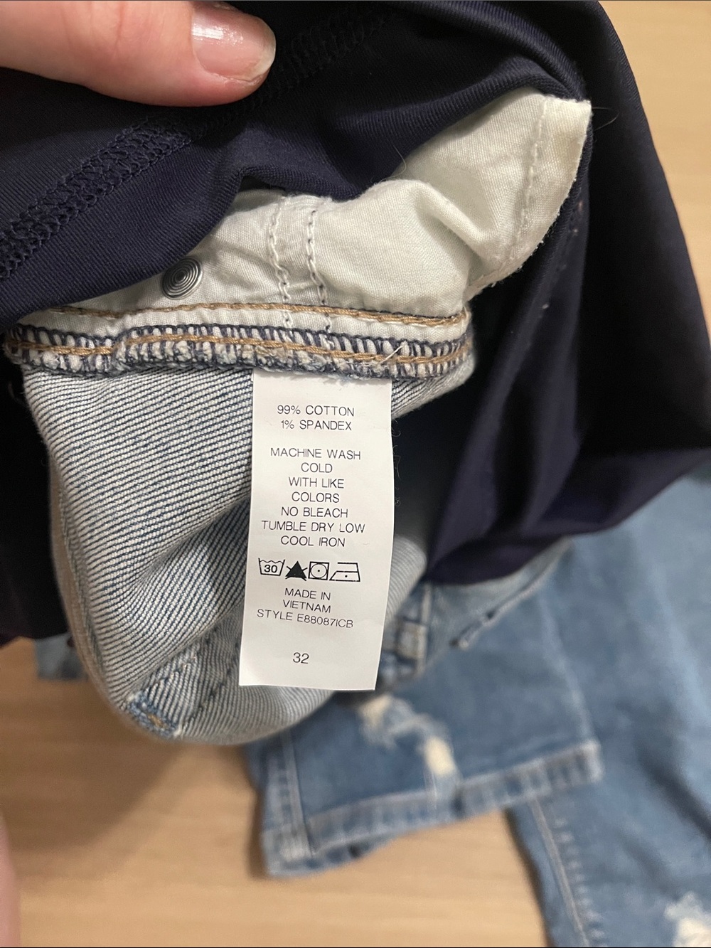 Pinkblush Light Blue Distressed Skinny Maternity Jeans with Navy Overband - Picture 2 of 5